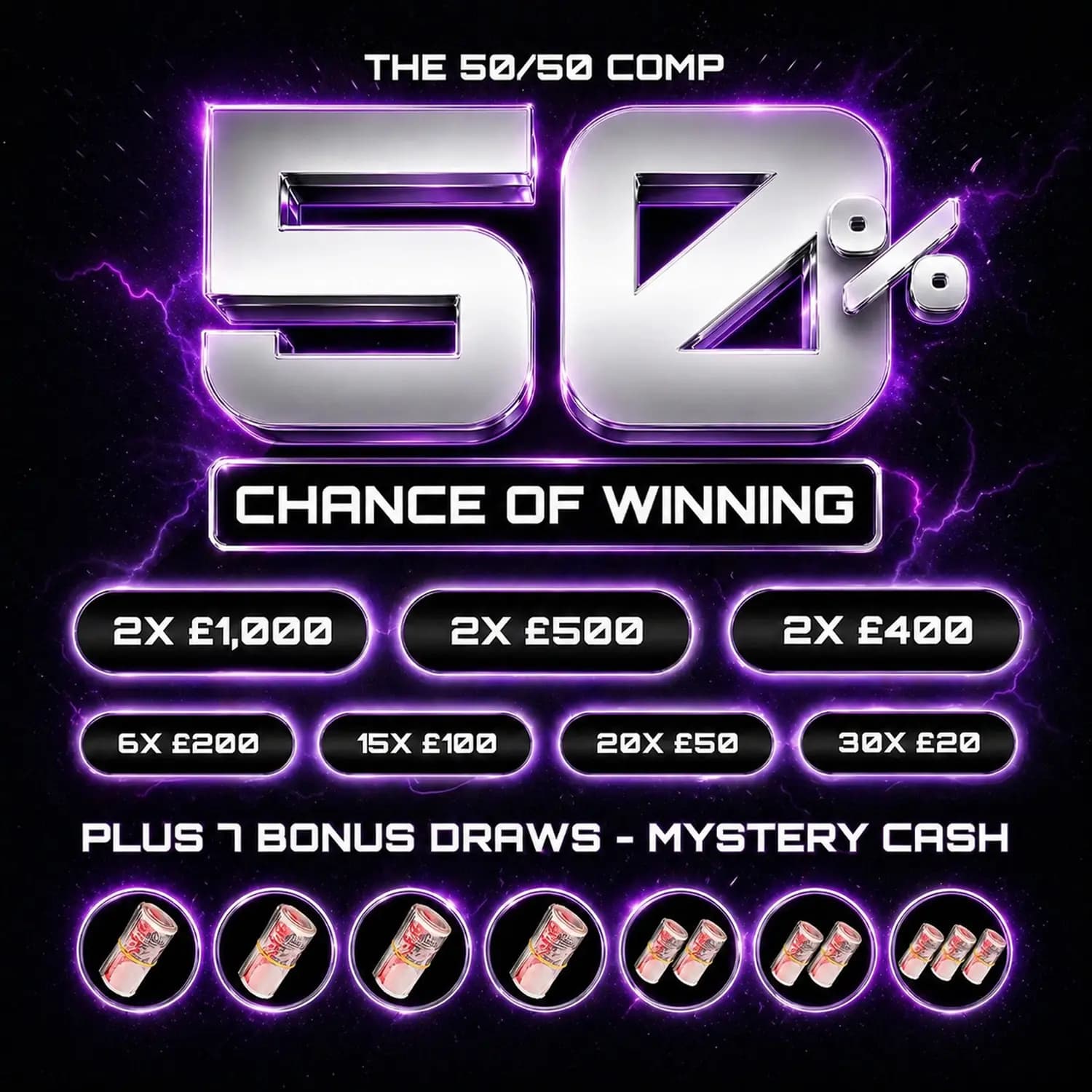 50/50 + 7 Mystery Cash Bonus Prizes