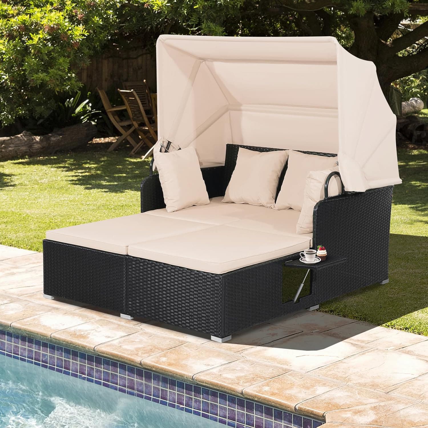 Garden Rattan Daybed, Patio 2 Seater Wicker Sun Bed Lounger with Retractable Canopy, Folding Side Tables and Cushions