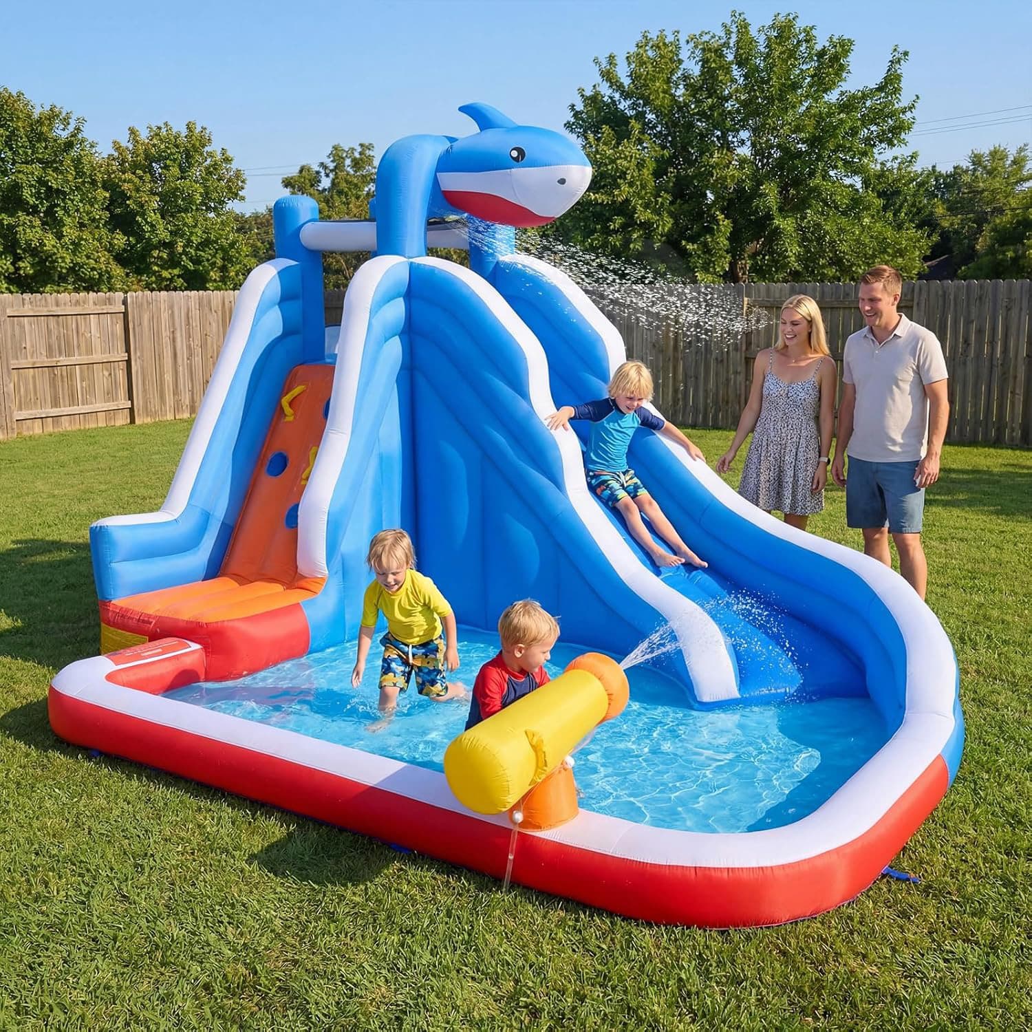 Inflatable Water Slide, Kids Bounce House with Climbing Wall, Splash Pool & Water Cannon